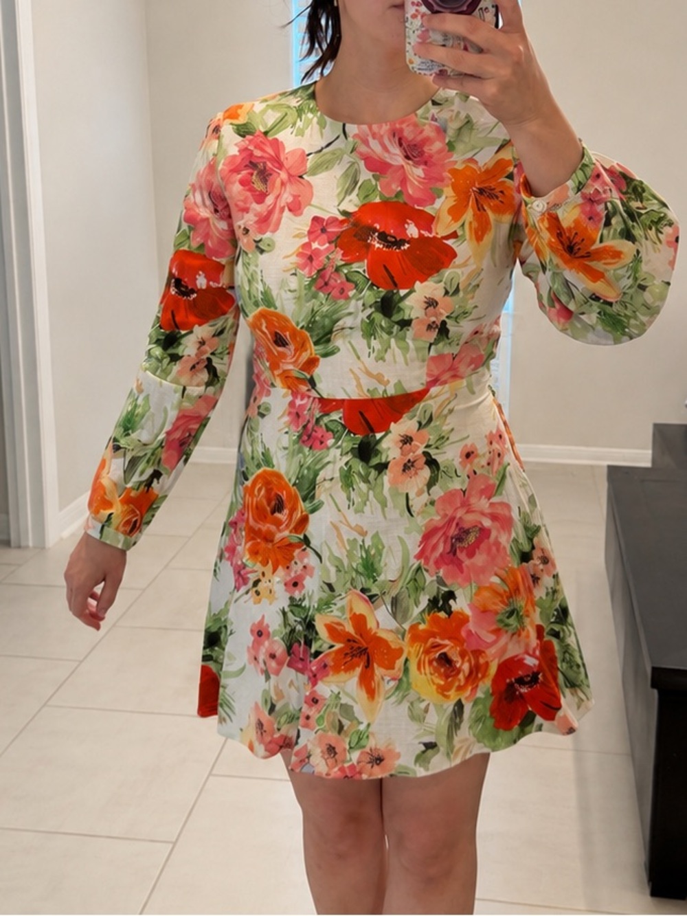 Zara Floral Long-Sleeve Fit-and-Flare Dress in Cream with Orange & Pink Blooms